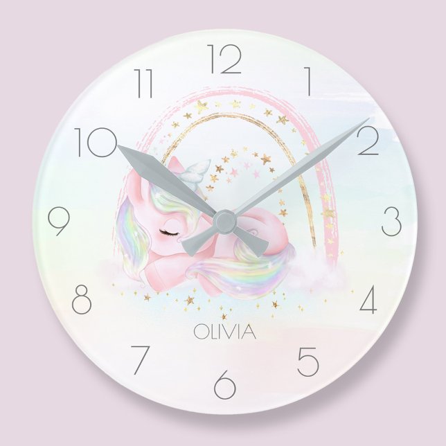 Reloj de arco iris chica unicornio lindo personali (Personalized cute unicorn girl rainbow round clock)