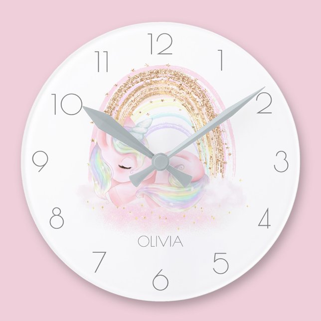 Reloj de arco iris chica unicornio lindo personali (Personalized cute unicorn girl rainbow round clock)