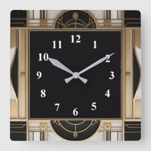 Reloj de Art Deco cuadrado oscuro en blanco y oro