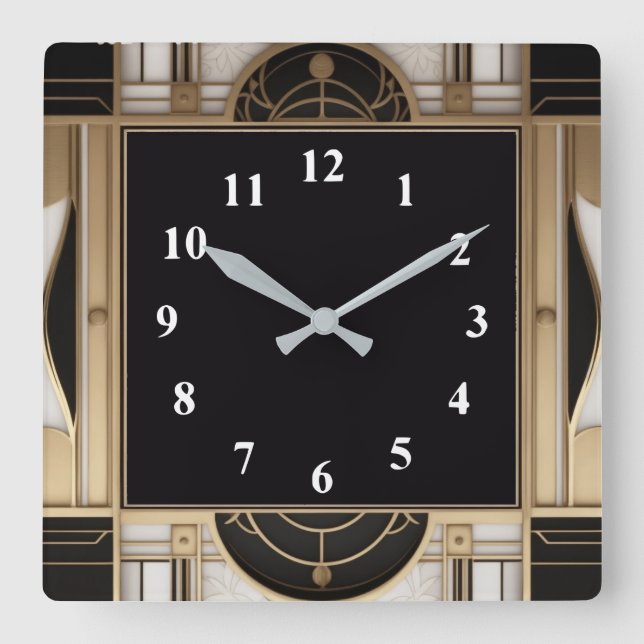 Reloj de Art Deco cuadrado oscuro en blanco y oro  (Anverso)