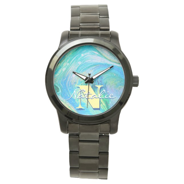 Reloj de arte Aqua Blue Acrylic Flow (Anverso)
