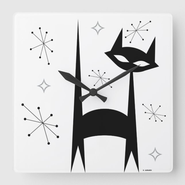 Reloj de arte pop blanco de gato negro retro de 50 (Anverso)