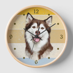 Reloj de atardecer retro de perro de Malamute