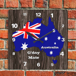 Reloj de Australia, portón de oro, madera, bandera