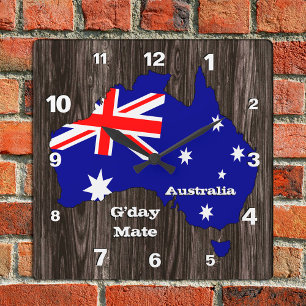 Reloj de Australia, portón de oro, madera, bandera