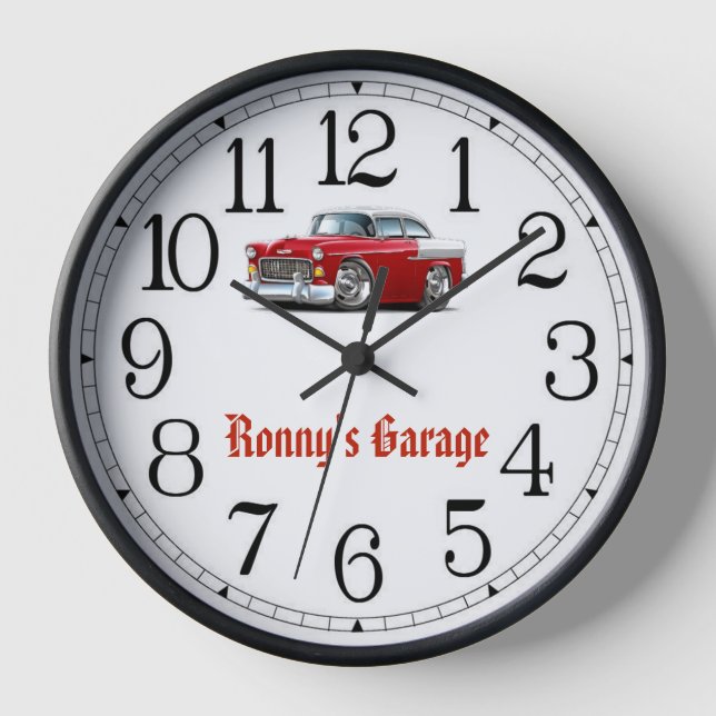Reloj de auto clásico rojo y blanco de Ronny's Gar (Anverso)