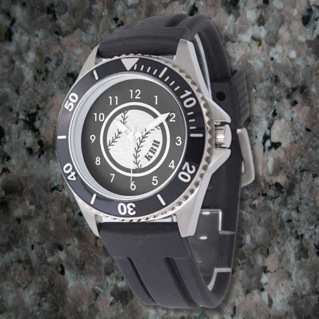 Reloj de béisbol monograma masculino negro (Subido por el creador)