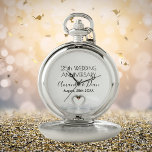 Reloj De Bolsillo 25° aniversario boda pareja de cisnes plateados<br><div class="desc">Dos hermosos cisnes enamorados doblando la cabeza juntos y formando un corazón. Un fondo blanco y elegante, perfecto para un regalo de aniversario boda de plata. Una pareja de cisnes se queda unida de por vida, así que son el símbolo perfecto del amor. Con el texto: 25º aniversario. Plantillas para...</div>