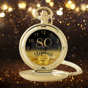 Reloj De Bolsillo 80.º cumpleaños nombre de oro negro arco elegante