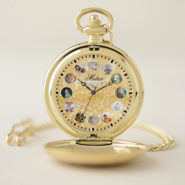 Reloj De Bolsillo Collage de 12 fotos Estilo de oro nombre personali (Interior)