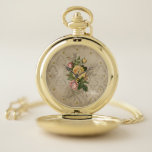 Reloj De Bolsillo Damasco de Oro Girly Antique y Rosas<br><div class="desc">Agradable cúmulo de rosas rosadas vintage sobre fondo de damasco color dorado grisáceo con marcas de hash de puntos opcionales.</div>