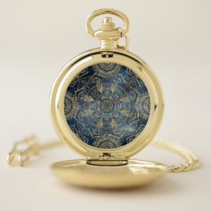 Reloj De Bolsillo Elegante diseño dorado Mandala azul brillante