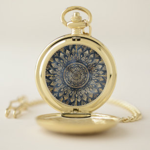 Reloj De Bolsillo Elegante dorado azul Mandala Floral