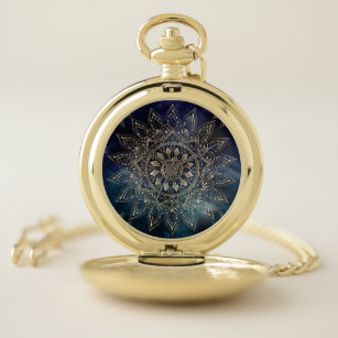 Reloj De Bolsillo Elegante galaxia azul Mandala dorada