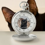 Reloj De Bolsillo Elegante Mascota de fotografía de gato Nombre Cute<br><div class="desc">Añade la foto de tu propio gato a este elegante reloj de bolsillo. Reloj perfecto para el dueño del gato negro de hoy</div>