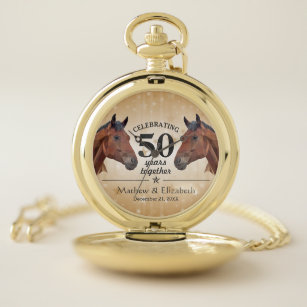 Reloj De Bolsillo Elegante Personalizado de Caballos Oro 50 aniversa