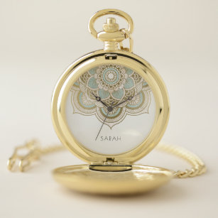 Reloj De Bolsillo Elegante Relieve metalizado dorado Ornate Verde az
