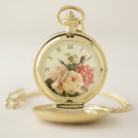 Reloj De Bolsillo Elegantes rosas rosadas de época<br><div class="desc">Encantador y romántico melocotón pastel,  rosa crema y rosa de ilustracion de litografía floral antiguo. Marcado numérico romano de oro opcional.</div>