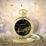 Reloj De Bolsillo Faux gold music apunta números de nombres negros<br><div class="desc">Sencillo y elegante para un amante de la música o un músico! Fondo negro con notas de música de oro falsas. Plantilla para su nombre,  letras de oro. Números de reloj dorados.</div>