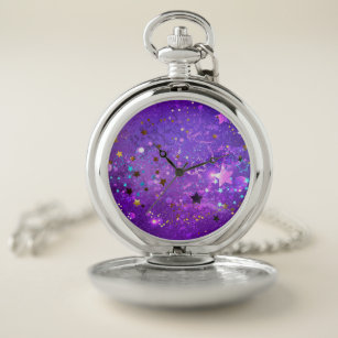 Reloj De Bolsillo Fondo de Relieve metalizado púrpura con estrellas