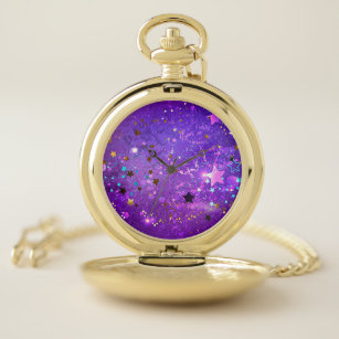 Reloj De Bolsillo Fondo de Relieve metalizado púrpura con estrellas