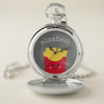 Reloj De Bolsillo Fresas francesas de Kawaii con nombre personalizad<br><div class="desc">Dibujo moderno de una caja de frituras francesa con colores vivos.</div>