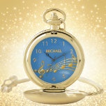 Reloj De Bolsillo Gold music notes océano nombre azul<br><div class="desc">Sencillo y elegante para un amante de la música o un músico! Océano,  fondo azul marino con notas de música de oro falsas. Plantilla para su nombre,  letras de oro. Números de reloj dorados.</div>