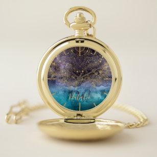Reloj De Bolsillo Imagen floral de la mandala y del confeti del oro