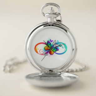 Reloj De Bolsillo Infinito brillante con mariposa arco iris