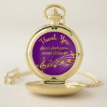 Reloj De Bolsillo Jubilación de oro notas de la música del profesor<br><div class="desc">Un regalo de retiro simple y elegante para una profesora de música. Moda femenina de color púrpura con notas de música de oro falsas. Plantilla para un nombre,  y el texto: Gracias,  letras doradas. Gracias está escrito con una escritura de estilo con letras a mano moderna.</div>