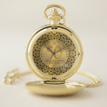 Reloj De Bolsillo Mandala negra en el 50 aniversario de los Bodas de<br><div class="desc">Mandala floral ornamentada negra sobre la imagen de fondo de textura metálica dorada,  boda de oro personalizable Aniversario. Celebramos 50 años de recuerdos felices con texto de personalizable.</div>