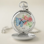 Reloj De Bolsillo Mariposa de la acuarela y monograma elegante de<br><div class="desc">Arte bonito de la flor y de la mariposa de la acuarela.</div>