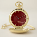 Reloj De Bolsillo Moderno Personalizado Monogramado Elegante Clásico<br><div class="desc">Crea tu propio personalizado, personalizado, elegante, moderno y elegante, bello y elegante guión de oro tipografía monogramada, clásica, números romanos, moda, aleación premium, reloj de bolsillo rojo y dorado. Simplemente escriba su nombre / monograma / inicial, a personalizar. Hace un gran regalo, para cumpleaños, graduación, día del padre, navidades, vacaciones,...</div>
