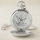 Reloj De Bolsillo Monograma y nombre de Groomsman personalizado mode<br><div class="desc">Regalos Groomsman personalizados modernos Este diseño presenta el nombre de un groomman personalizado con título y fecha boda en gris y monograma en gris claro como fondo, en estilo clásico de tipo de letra serif, sobre fondo de mármol blanco. También perfecto para el Mejor Hombre, Padre de la Novia y...</div>