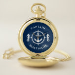 Reloj De Bolsillo Nautical Anchor Seahorse Captain Boat Name Navy<br><div class="desc">Un Ancla Náutico y Caballo de Mar con Capitán Rango u otro título y Su Nombre o Nombre de Barco en un Elegante Reloj de Bolsillo. Este Pocket Watch personalizado no sólo será el momento sino también un divertido artículo de conversación. Perfecto para el Día del Padre pero también hace...</div>