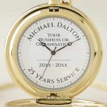 Reloj De Bolsillo Retiro o premio por servicio largo<br><div class="desc">Un reloj de bolsillo para conmemorar un retiro o servicio largo. Personalice para incluir el nombre,  la empresa o la organización y las fechas. Un recuerdo único de un logro especial. Jubilación o reloj de bolsillo de servicio largo. Cara de reloj blanco.</div>