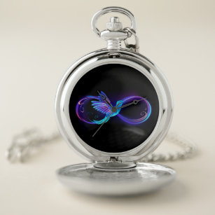 Reloj De Bolsillo Símbolo de infinito neón con colibrí brillante