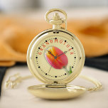 Reloj De Bolsillo Tipografía de la abuela Naranja único foto de tuli<br><div class="desc">Esta cara de reloj de bolsillo dulce está diseñada con mi fotografía de primer plano de un solo tulipán naranja con pétalos de borde amarillo y una ráfaga de luz en la parte superior. El diseño incluye números 3D blancos y anillo exterior de elementos negros. Este diseño presenta el texto...</div>