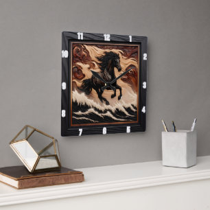 Reloj de caballo de madera de ola tallada