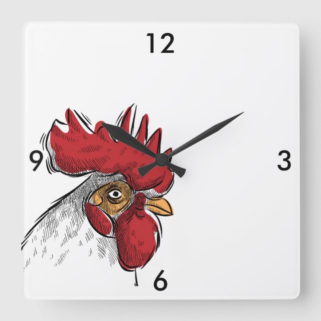 Reloj de cabeza de pollo blanco y negro cuadrado (Anverso)