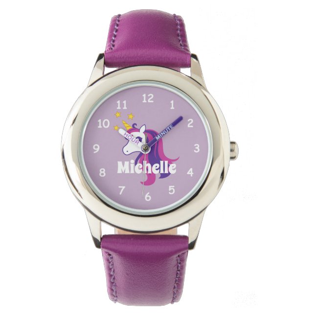 Reloj de chica rosa con unicornio lindo y nombre p (Anverso)