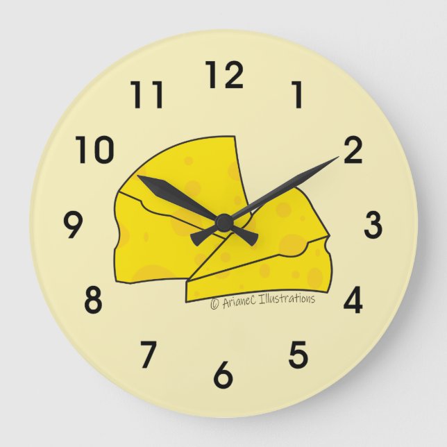 Reloj de cocina amarilla y con doodle de queso sui (Anverso)