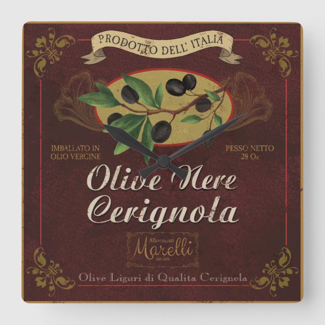 Reloj de cocina italiano, etiqueta de aceitunas re (Anverso)