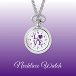 Reloj de collar de amor morado y blanco<br><div class="desc">Regalo de Reloj de collar. Con la palabra 'amor' y una forma cardíaca que sustituye a la letra O. Púrpura y blanca</div>