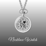 Reloj de collar de amor negro y gris<br><div class="desc">Regalo de Reloj de collar. Con la palabra 'amor' y una forma cardíaca reemplazando la letra O. Negro y gris.</div>