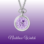 Reloj de collar de amor púrpura<br><div class="desc">Regalo de Reloj de collar. Con la palabra 'amor' y una forma cardíaca reemplazando la letra O. Oscura y morada clara.</div>