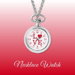 Reloj de collar de amor rojo y blanco<br><div class="desc">Regalo de Reloj de collar. Con la palabra 'amor' y una forma cardíaca que sustituye a la letra O. Rojo y blanco</div>