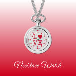 Reloj de collar de amor rojo y gris<br><div class="desc">Regalo de Reloj de collar. Con la palabra 'amor' y una forma cardíaca reemplazando la letra O. Red y gris.</div>