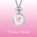 Reloj de collar de amor rosa y blanco<br><div class="desc">Regalo de Reloj de collar. Con la palabra 'amor' y una forma cardíaca que sustituye a la letra O. Rosa y blanca</div>