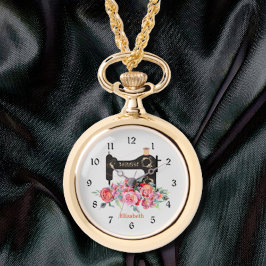 Reloj de collar de la máquina de coser floral rosa
